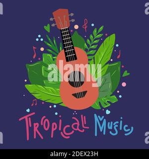Tropical music. Cartoon ukulele with tropical exotic leaves and musical notes isolated on dark blue background. Hawaiian string instrument. Vector fla Stock Vector