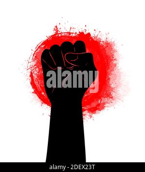Black silhouette of a fist on a red grunge circle with watercolor splashes. Demonstrations, manifestos and parades. Freedom for people. Vector object Stock Vector