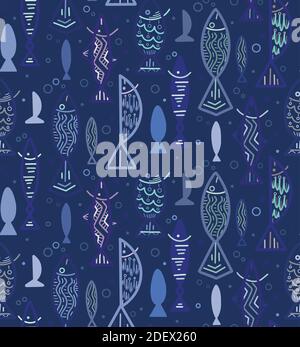 Seamless boho contour pattern with doodle fishes and bubbles floating to the up on blue background. Underwater lagoon world. Vector outline texture fo Stock Vector