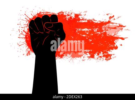 Black silhouette of a fist on a red grunge trace with scratches and watercolor splashes. Demonstrations, manifestos and parades. Freedom for people. V Stock Vector