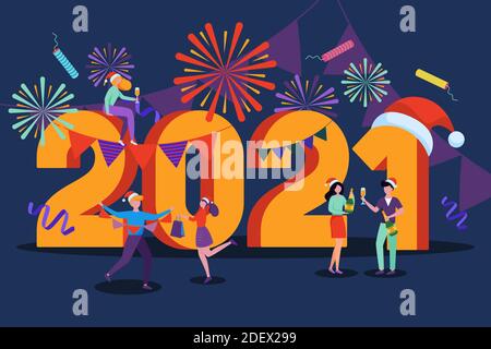 New Year 2021 greeting card. Vector flat cartoon illustration on dark blue background. Happy young people in santa hats have night party with firework Stock Vector