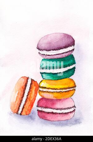 Stack of macarons watercolor illustration. Freehand drawing on textured watercolor paper. Macaroon is a sweet dessert. Multi-colored marshmallows Stock Photo