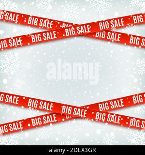 Big sale red banners. Set of warning tapes, ribbons on winter background. Stock Vector