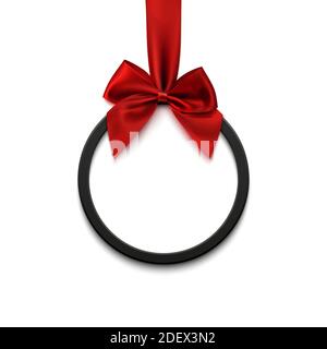 Black round banner with red ribbon and bow, on white background. Stock Vector