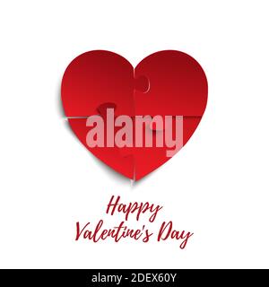 Happy Valentines Day, greeting card template. Jigsaw puzzle pieces in form of red heart, isolated on white background. Stock Vector
