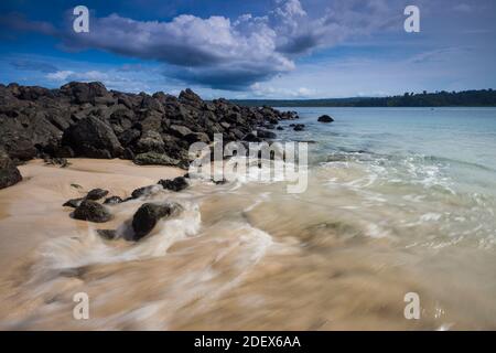 Coastal landscape at the small island Granito de Oro, Coiba national park, Pacific coast, Veraguas province, Republic of Panama. Stock Photo