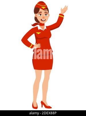 Stewardess waving hand. Female character in cartoon style. Stock Vector