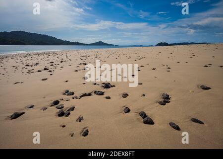 Coastal landscape at the small island Granito de Oro, Coiba national park, Pacific coast, Veraguas province, Republic of Panama. Stock Photo