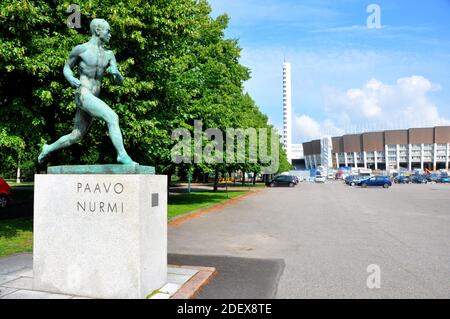 HELSINKI, FINLAND - Jul 25, 2016: Statue of famous Finnish runner Paavo Nurmi in front of the Olympic Stadium in Helsinki, Finnland Stock Photo