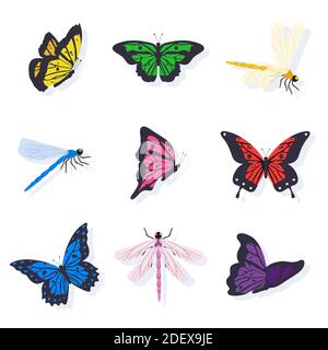 Dragonflies and butterflies illustrations set Stock Vector