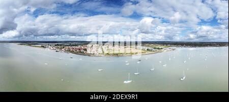 birds eye panoramic view over the river chelmer look across the water at the small village of heybridge basin in essex Stock Photo