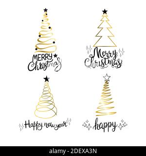 Set of golden Christmas trees silhouettes. Vector isolated gold icon collection of evergreen spruce fir decor. Stock Vector