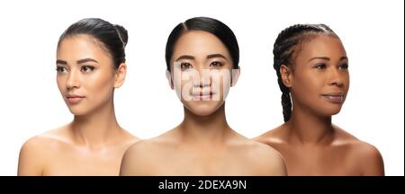 Collage. Multi-ethnic beauty. Different ethnicity and beautiful young women isolated on white background. Flyer for ad. Concept of beauty, fashion, healthcare, skincare. Interracial and multiculturalism. Stock Photo