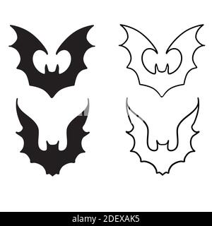 Set bats. Collection of bats. Flying bats. Halloween. Set of black silhouettes. Cartoon bats. Line art. Drawing by hand. Doodle. Tattoo. Stock Vector