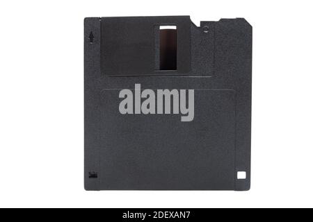floppy diskette in a black square plastic case with open magnetic disk, obsolete computer technology device memory carrier 90s isolated on white backg Stock Photo