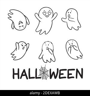 Set of ghosts. Halloween conception. Vector cartoon illustrations. Isolated objects on a white background. Hand-drawn style. Stock Vector