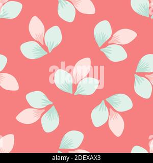 Beautiful hand drawn trio of spring blossoms seamless vector pattern background. Pink and mint green delicate petals on coral color backdrop. Floral Stock Vector