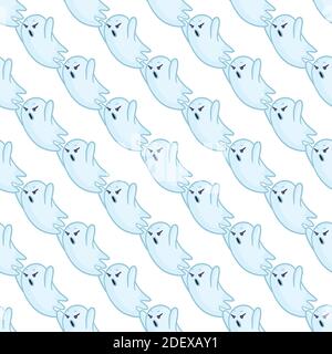 Halloween background. Seamless pattern of cute cartoon ghosts. Stock Vector