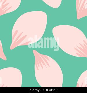 Single falling petals seamless vector pattern background. Painterly pink delicate floating petals on light teal green backdrop. Floral botanical Stock Vector