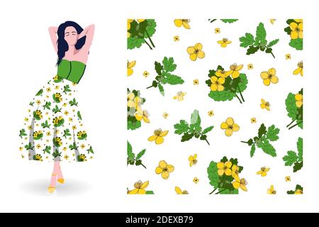 Yellow bright pattern yellow flowers in modern style. Textile ornament. Seamless vector texture. Vector design. Spring bouquet. Bright decoration. Gru Stock Vector