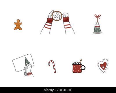 Set of Christmas hand-drawn design elements. Art collection of New Year cute festive things.Lady hands hold cup of coffee, gingerbread man,candy cane Stock Photo