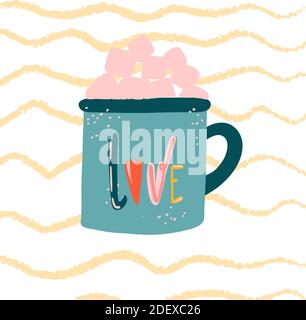 Lettering love cup in sketch style on white background. Printing vector graphics. Drawing style. Cartoon style. Isolated vector. Vector text. Stock Vector
