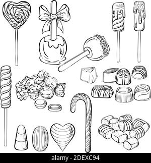 Set with various candies and sweets. Lollipop, chocolate, candy cane, marshmallow. Hand drawn vector illustration with black outline isolated on white background. Applicable for coloring book, print. Stock Vector