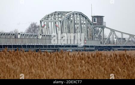 Pruchten, Germany. 02nd Dec, 2020. The Meiningen bridge of the former Darß railway. In the station building of Barth, a planning office for the reconstruction of the Darßbahn and a travel agency were ceremonially opened on 02.12.2020. Credit: Bernd Wüstneck/dpa-Zentralbild/dpa/Alamy Live News Stock Photo