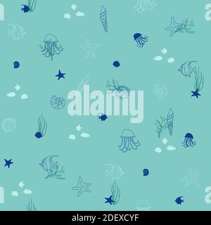 Seamless vector background from hand drawn sea shells and stars. Marine illustration of shellfish, turquoise and blue, with jellyfish, fish and corals Stock Vector
