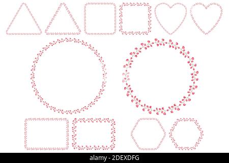 Pink sweet pea wreath, great design for wedding, birthday, anniversary greeting card. Beautiful botanical template on white backdrop. Circle, triangle, square shape frame. Stock Vector