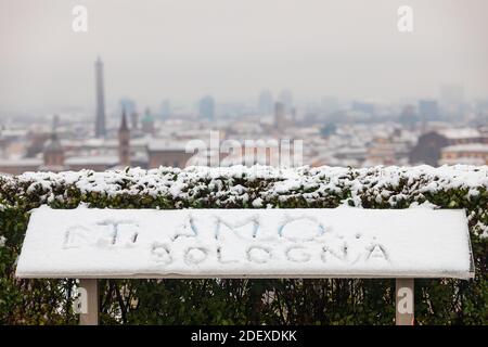 Bologna, Italy. 02nd Dec, 2020. Written on the snow 'Ti amo Bologna' (I love you Bologna) with the background of the city in Bologna, Italy on December 02, 2020. First snow in the city: it began to fall early in the morning, whitewashing the roofs. Credit: Massimiliano Donati/Alamy Live News Stock Photo