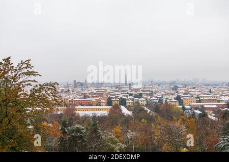 Bologna, Italy. 02nd Dec, 2020. Landscape of snow-covered Bologna from the hill in Bologna, Italy on December 02, 2020. First snow in the city: it began to fall early in the morning, whitewashing the roofs. Credit: Massimiliano Donati/Alamy Live News Stock Photo