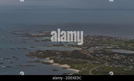 Aerial view of fishing village Andenes, a popular tourist destination for whale watching, located in the north of Andøya island, Vesterålen, Norway. Stock Photo