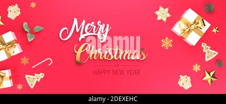 Merry Christmas red banner.  Frame decorative banner with presents, stars and gold ribbons. Holiday festive copy space. 3d rendering. Stock Photo