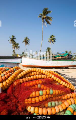 India, Goa, Fishing boats and nets on Colva beach Stock Photo