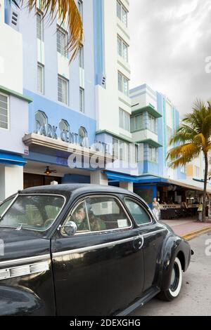 Miami Beach, Miami, Florida, United States - Classic car at Ocean Drive in Art Deco district of Miami. Stock Photo