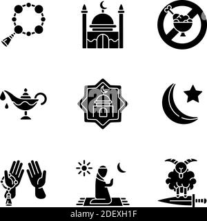 Muslim religious traditions black glyph icons set on white space Stock Vector