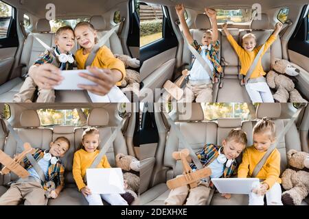 Collage of cheerful kids using devices near toys on back seat of car Stock Photo