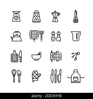 Thin line editable stroke kitchen utensils icons Stock Vector