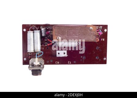 Electronic circuit and chips details at personal computer video card isolate on white background. Stock Photo