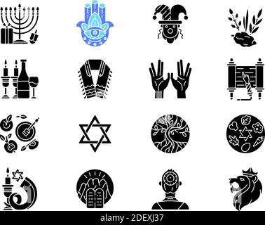 Jewish holidays black glyph icons set on white space Stock Vector