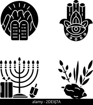 Judaism beliefs black glyph icons set on white space Stock Vector