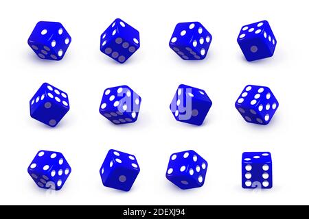 Blue dice cubes for gambling set. Casino craps and playing games vector illustration. Poker cubes rolling and throwing, random numbers with dots Stock Vector