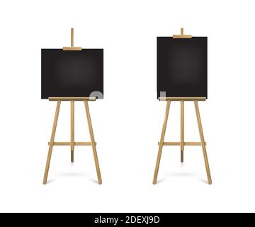 Easel standing with black boards set. Blank blackboard on wooden tripod for art, painting, drawing or announcement vector illustration. Studio Stock Vector