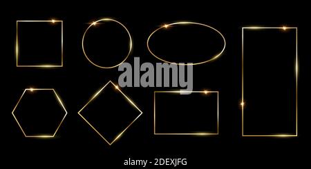Rectangular and round golden photo or picture frames in different proportions and sizes isolated on black background. Vector luxury borders set Stock Vector