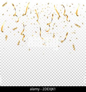 Gold confetti falling on transparent background. Birthday party or Christmas celebration event vector illustration. Realistic shiny golden paper Stock Vector