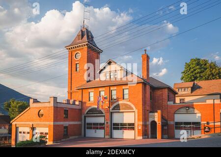 Evening light shines on the historic Nelson Fire Hall, in Nelson British Columbia Stock Photo