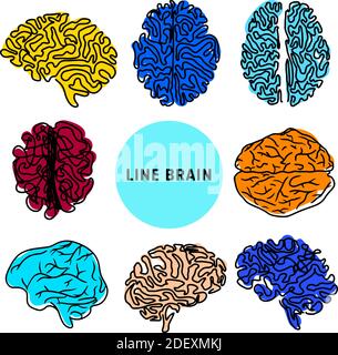 Colored line style brainwave silhouette logo icons isolated on white background. Brainstorming concept Stock Vector