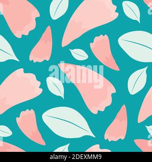 Beautiful spring blossoms and leaves seamless vector pattern background. Pink and mint green delicate petals and foliage on blue backdrop. Floral Stock Vector
