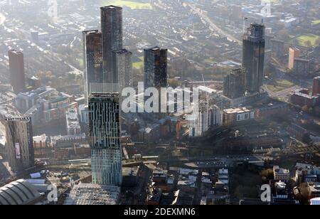 aerial view of the Manchester city centre skyline looking into mist with Beetham Tower in the foreground, UK Stock Photo